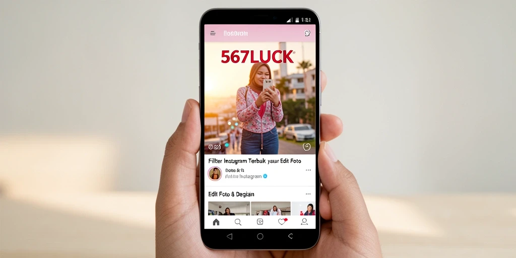 Tampilan antarmuka aplikasi 567LUCK dengan berbagai filter Instagram.