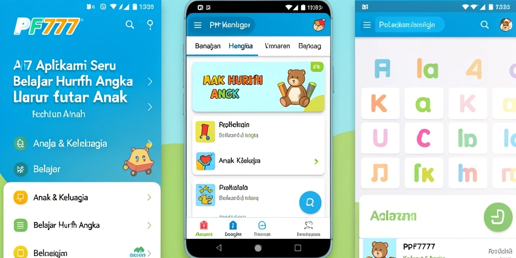 Antarmuka PF777 yang ceria dan interaktif untuk belajar huruf dan angka.
