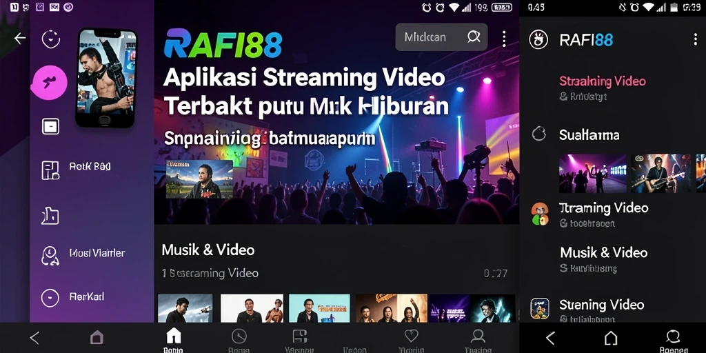 Antarmuka aplikasi RAFI88 untuk streaming video musik dan hiburan.